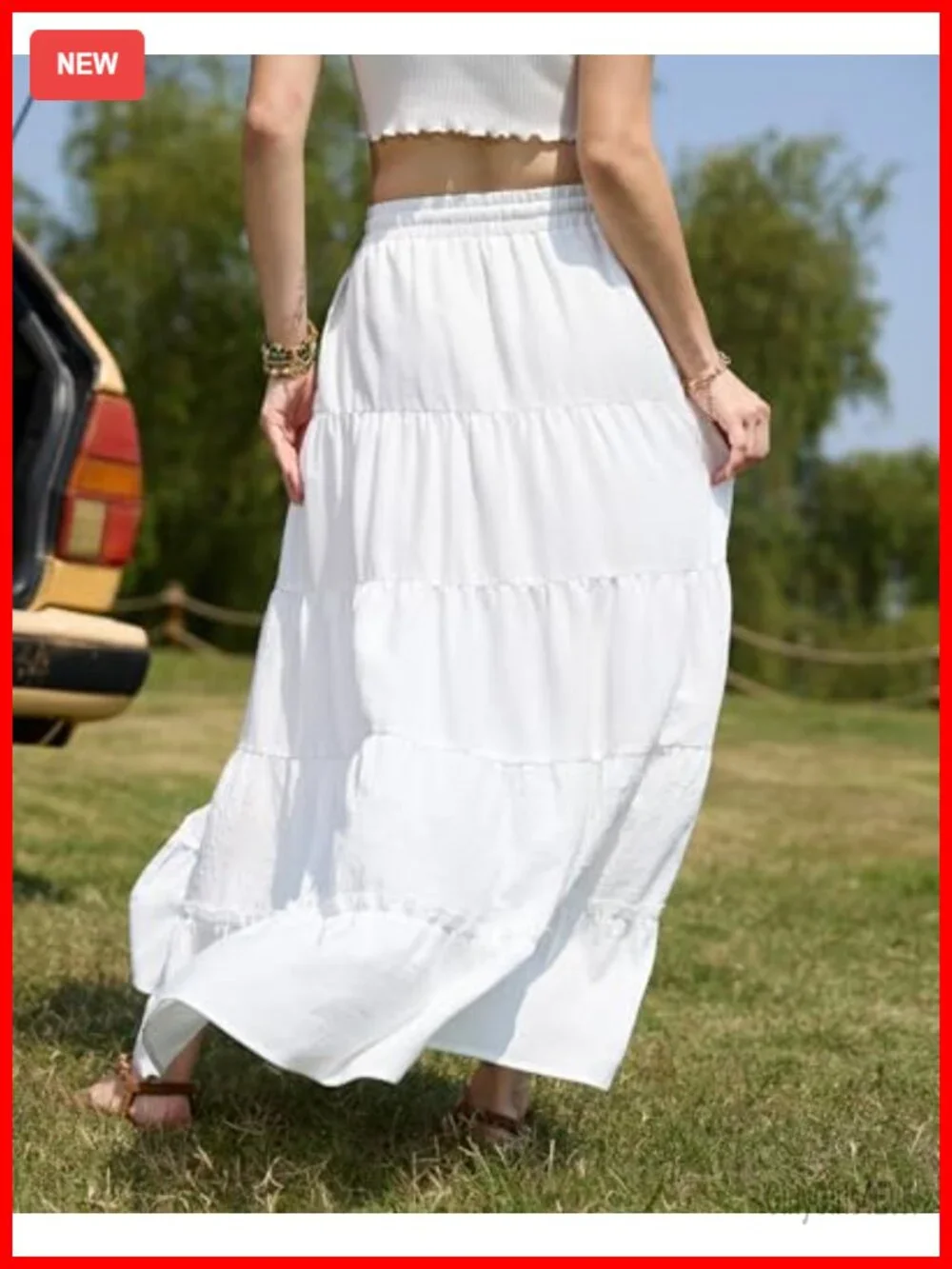Women Boho Tiered Maxi Skirt High Slit Flowy A-Line Pockets